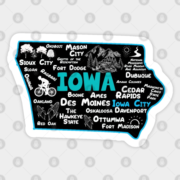 Iowa City Iowa map Des Moines Sioux City, Mason City, Boone, Ames, Davenport, Sticker by BoogieCreates